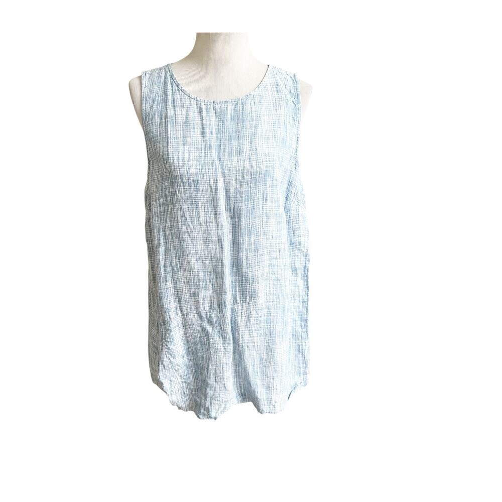 J. Jill Pure Jill Tunic Top Medium Blue Linen Textured Sleeveless Scoop Neck